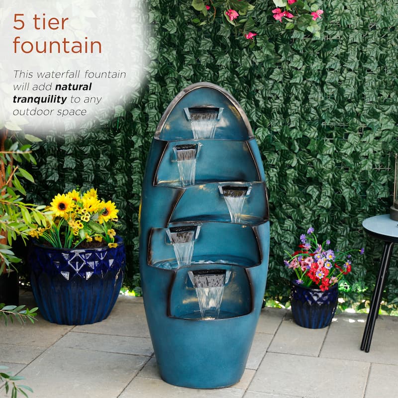 Alpine Corporation TZL382 39 In. 5-Tier Cascading Waterfall Fountain with LED Lights - Outdoor Water Feature, Blue