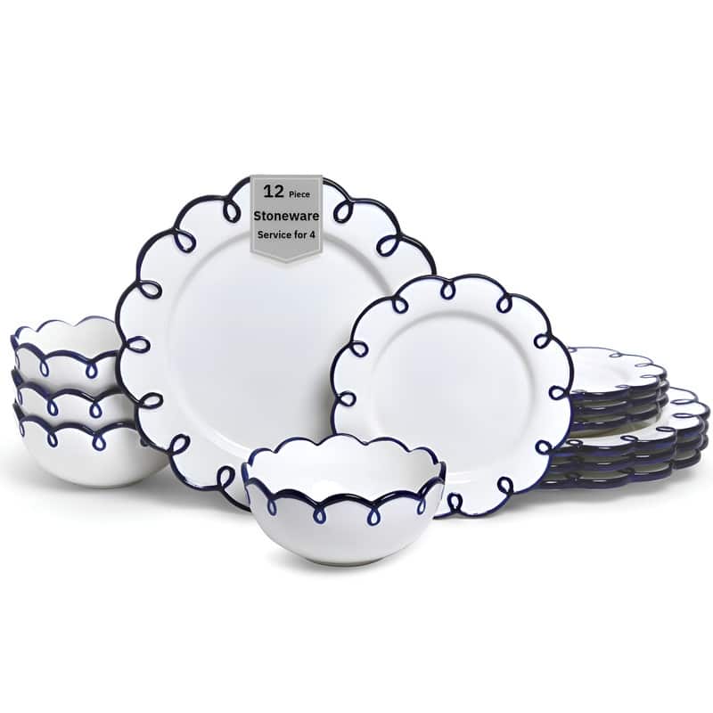 Sango Splash of Cheers 12-Piece Earthenware Dinnerware Set for 4-White with Navy Blue Scalloped Rims
