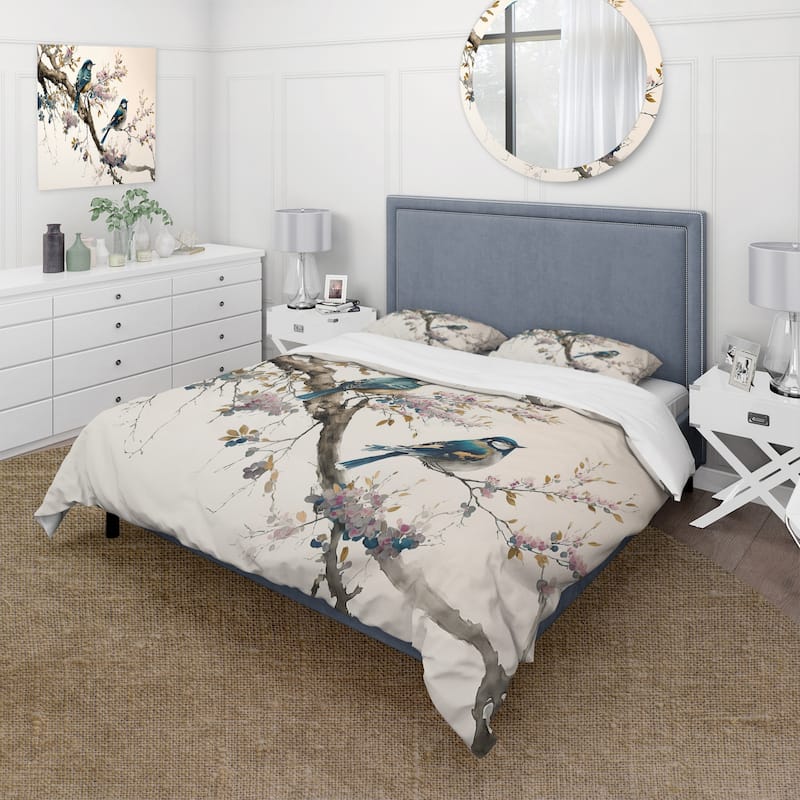 Designart "Multicolor Birds On Plum Blossoms Tree XIII" Beige Shabby Chic - Bedding Cover Set With Shams