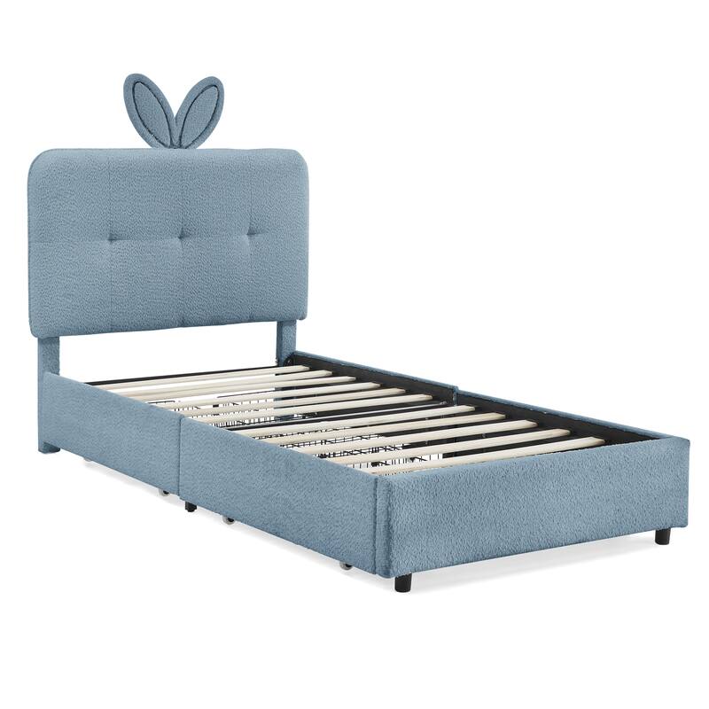 Kids Boucle Upholstered Bed with Rabbit Ear Headboard, LED Music Sync & 4 Drawers