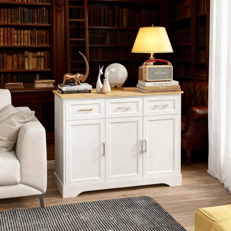 Kitchen Island Dining Room Cabinet Kitchen Sideboard Buffet Cabinet with Storage - White + Light Oak
