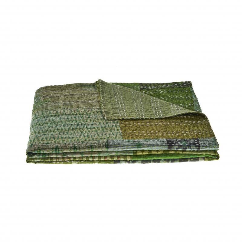 HomeRoots 50" X 70" Green Patchwork Silk Quilted Kantha Throw Blanket with Embroidery