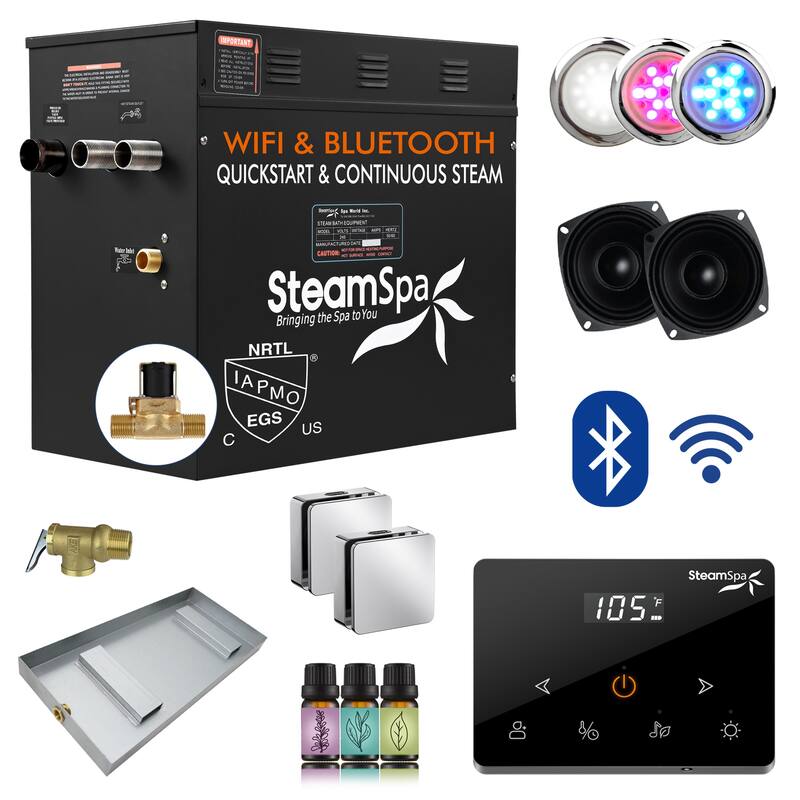 Black Series 10.5KW Steam Bath Generator with Fully Wireless Remote, BLUETOOTH, WIFI, and Auto Drain - 10.5 KW - Chrome