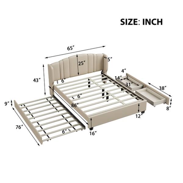 dimension image slide 1 of 3, Queen Size Upholstered Platform Bed with 1 Twin Size Trundle Bed Frame
