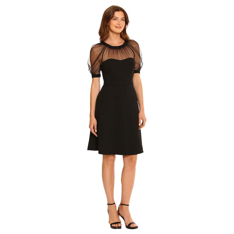 Round Neck Short Puff Sleeve A-Line Knee-Length Dress With Mesh Yoke And Scuba Crepe Body - Black - 8