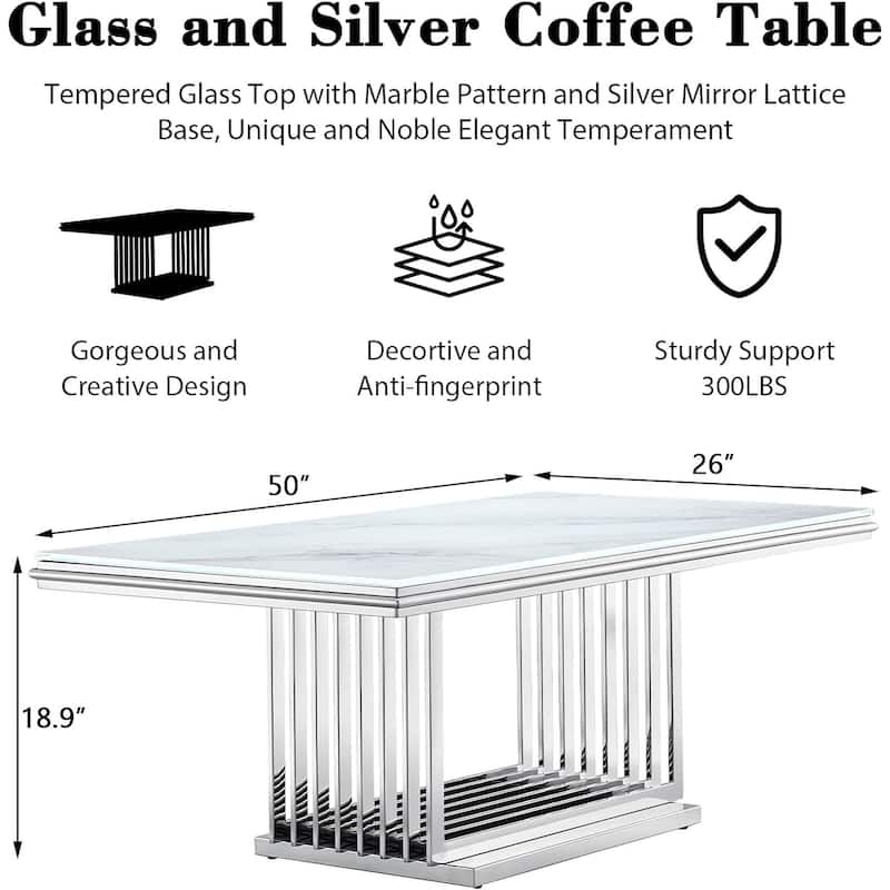 Luxurious 50 inch Glass Coffee Table with Brushed Gold Stainless Steel Base
