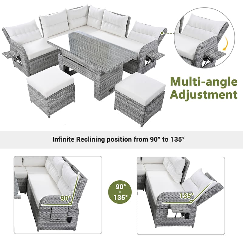 Outdoor Furniture Set Patio Rattan Furniture Set with an Adjustable Table, Recliners with Extendable Side Tables