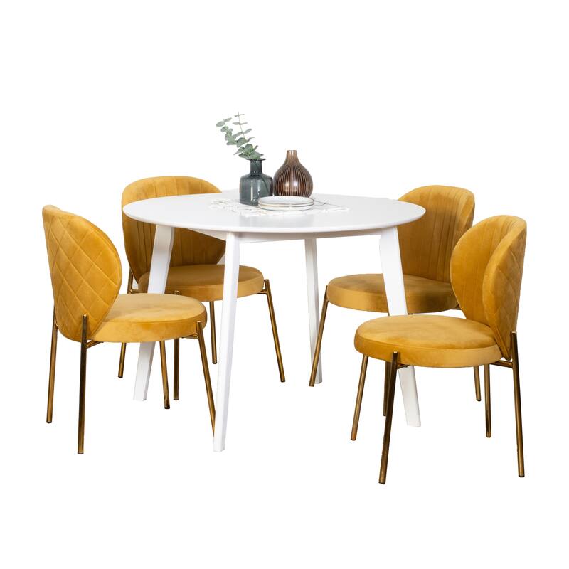Cafet Dining Table Set Casual Dining Table Set Round Dining Table Set with 4 Velvet-Upholstered Chairs and Rubberwood Table Legs