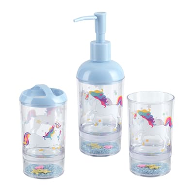 Unicorn & Rainbow 3pc Set Lotion Pump/Toothbrush Holder/Tumbler - 3pc bath accessory set