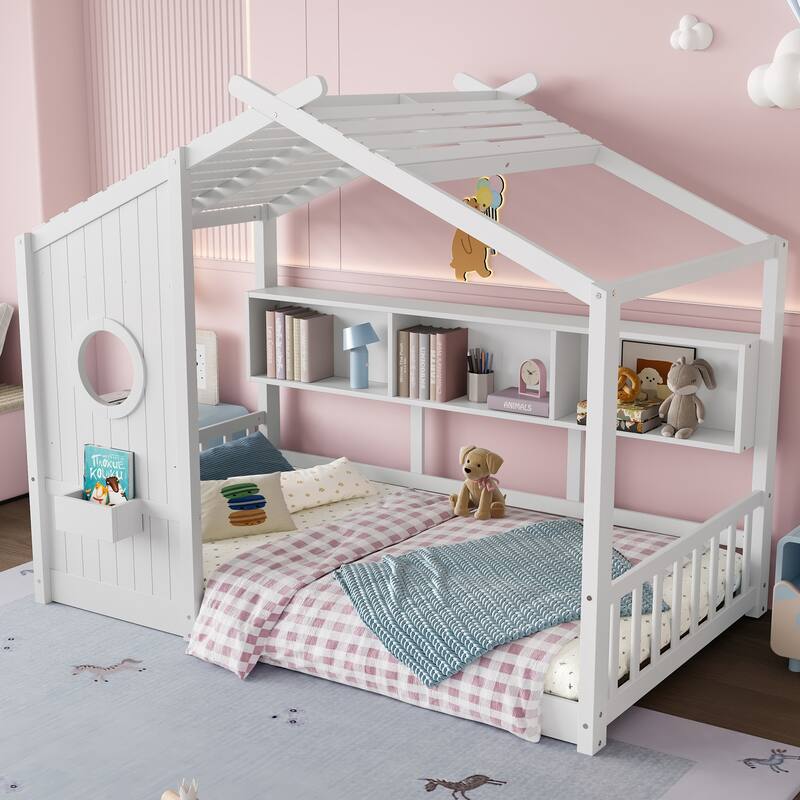 House Bed Frame for Toddler Floor Bed, Kids Montessori Bed with Storage Shelf and Round Window, Playhouse Bed with Roof Design - White - Twin