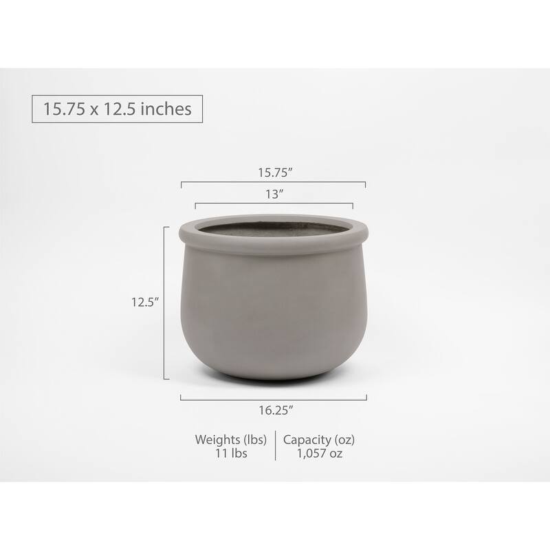 Indoor/Outdoor Large 1-piece Nordic Minimalist Fiberstone Lightweight Round Planter Pot - 16, 10 inch Matte Finish - 12.5 In. H x 15.75 In. W x 15.75 In. L - Grey