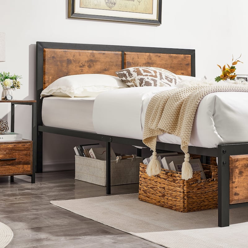 Javlergo Industrial 3-Piece Bedroom Set with Platform Bed Frame and Set of 2 Nightstands, Brown