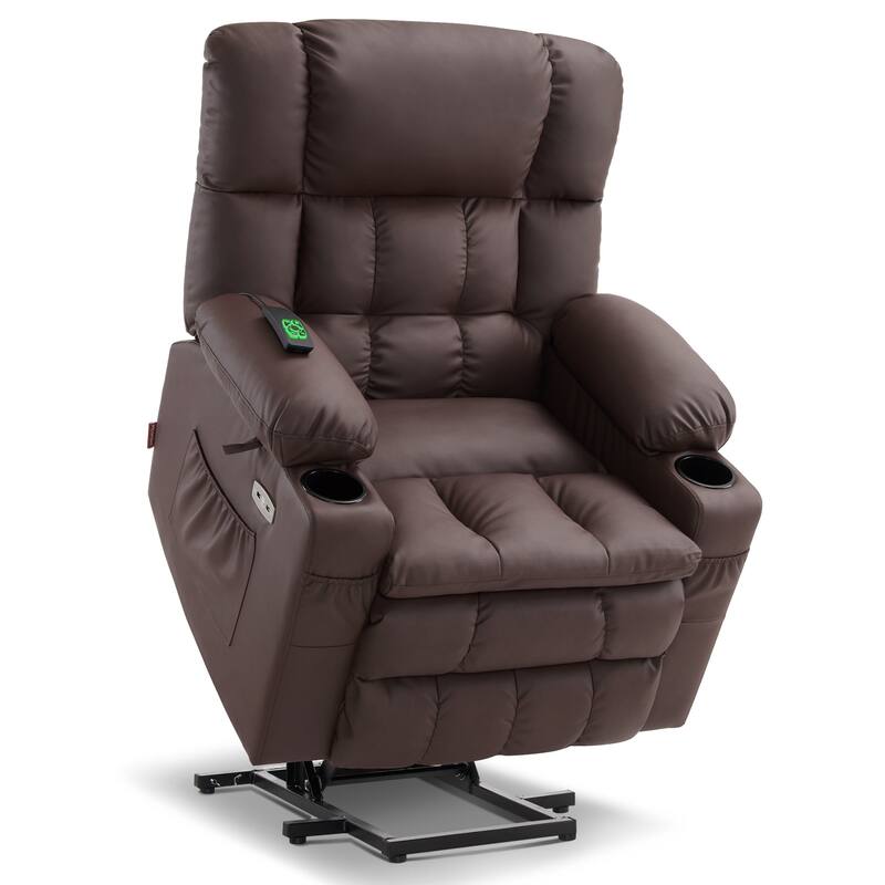 MCombo Medium Dual Motor Power Lift Recliner Chair Infinite Position, Massage and Heat, Extended Footrest, Faux Leather 7890 - Light Brown