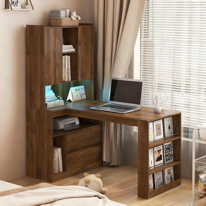 L-Shaped Computer Desk with LED Light & Bookshelf, Modern Corner Gaming Desk with Drawers and Storage