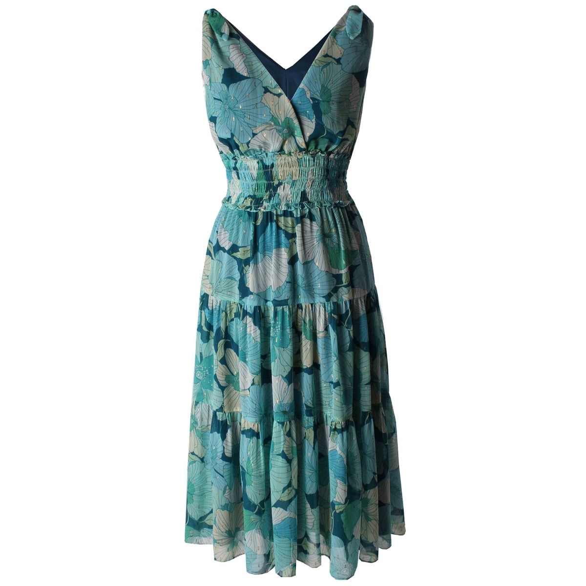 green smocked dress womens Unique Vintage Green & Strawberry Print Smocked Bodice Midi Dress