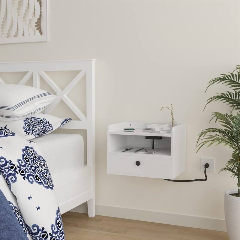 Floating Nightstand Set of 2 with Charging Station and Storage Drawer Wall Mounted - 11.5"D x 15.8"W x 11.5"H