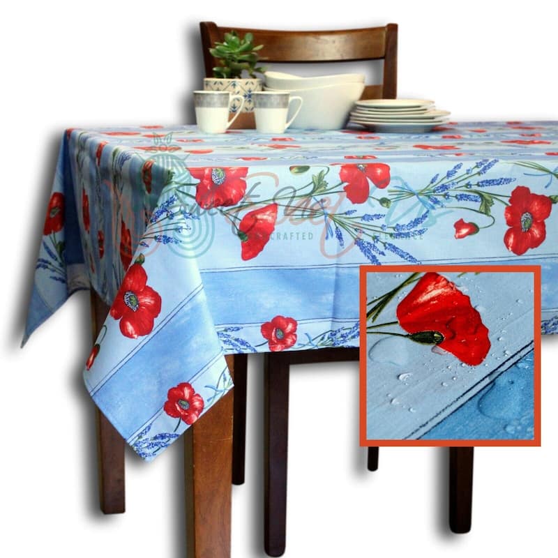 Wipeable Spill Resistant Provencal Cotton Cannes Collection Tablecloth - 60 x 98 in - Blue Poppy Stripes