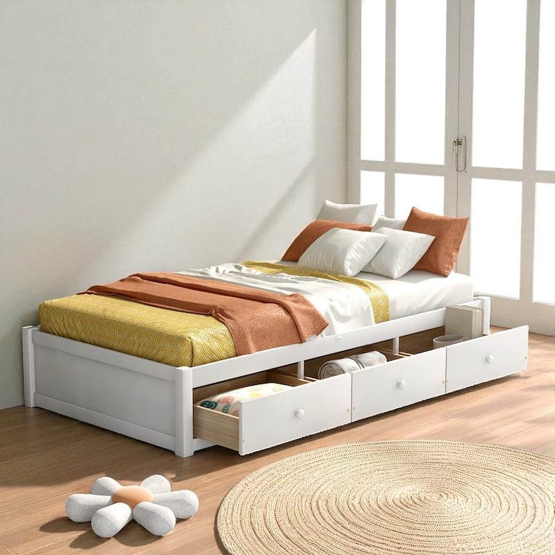 Twin Size Platform Bed with 3 Storage Drawers, Solid Pine Wood Frame and Slat Support