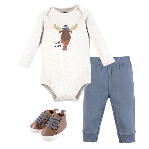 slide 1 of 1, Hudson Baby Infant Boy Cotton Bodysuit, Pant and Shoe Set, Cozy Woodland Moose 0-3 Months - Cozy Woodland Moose