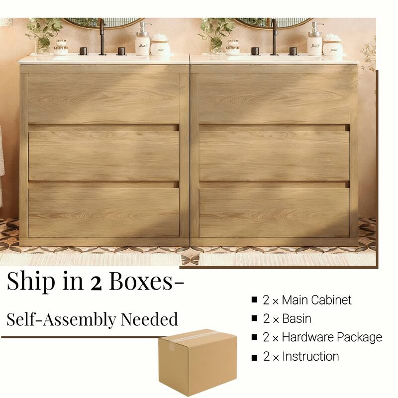 60" Double Sinks Bathroom Vanity Set, Bathroom Cabinet with Two Separate Ceramic Sinks, Soft Close