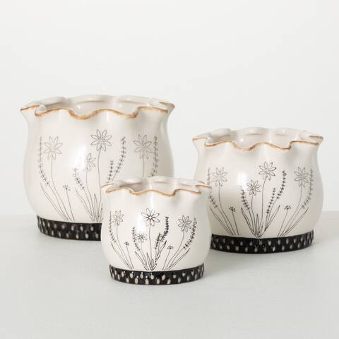 Sullivans 3.5 in., 4.5 in. and 5.25 in. Scalloped Floral Planter - Set of 3; White