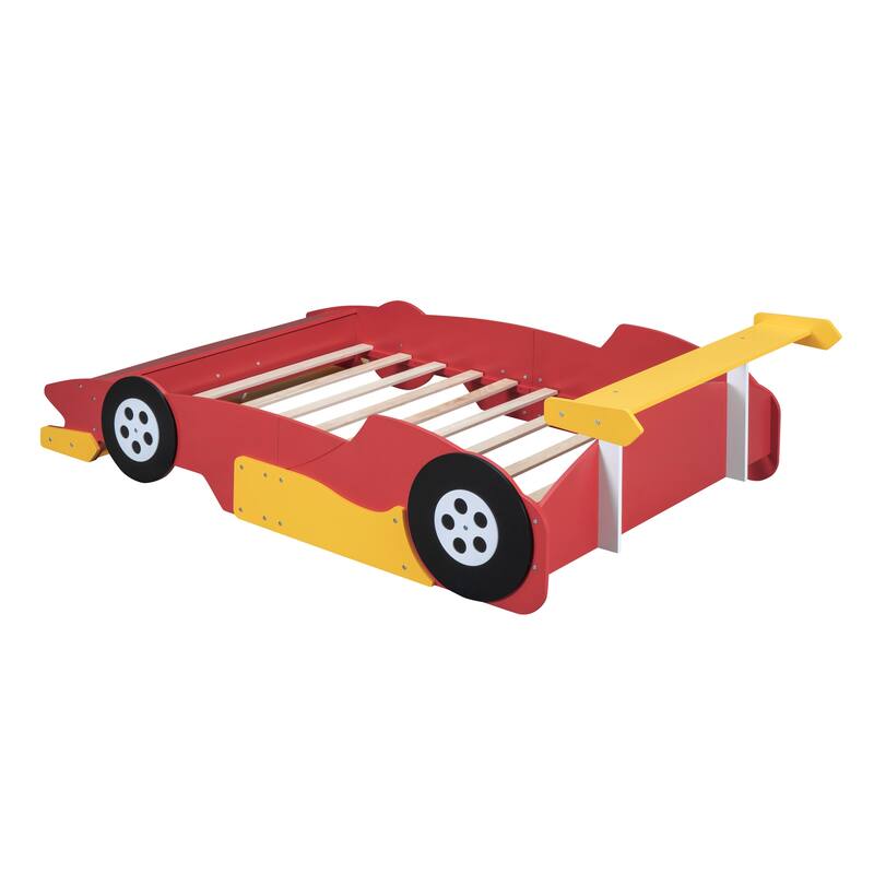 Red Full Size Race Car-Shaped Platform Bed with Wheels