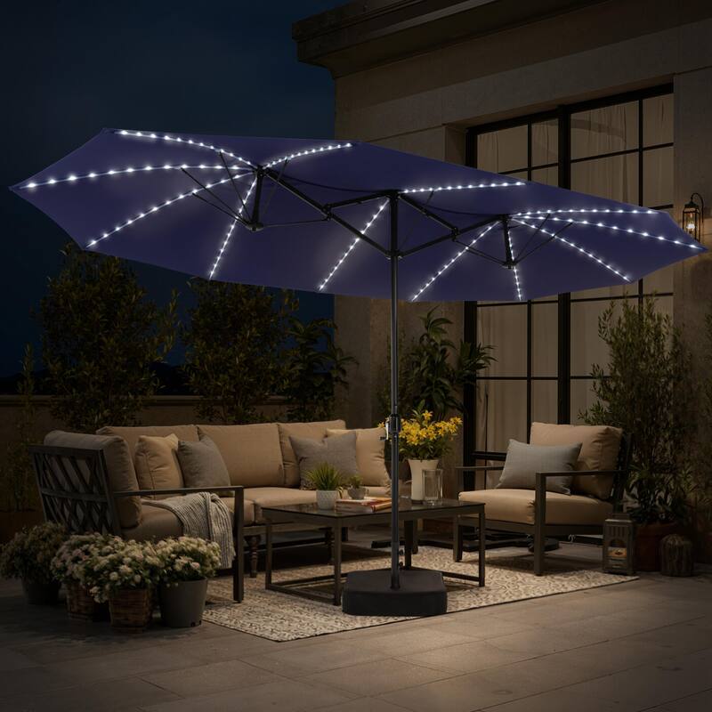 15ft Outdoor Patio Market Umbrella with Base and 144 Solar-Powered Led Lights - NavyBlue