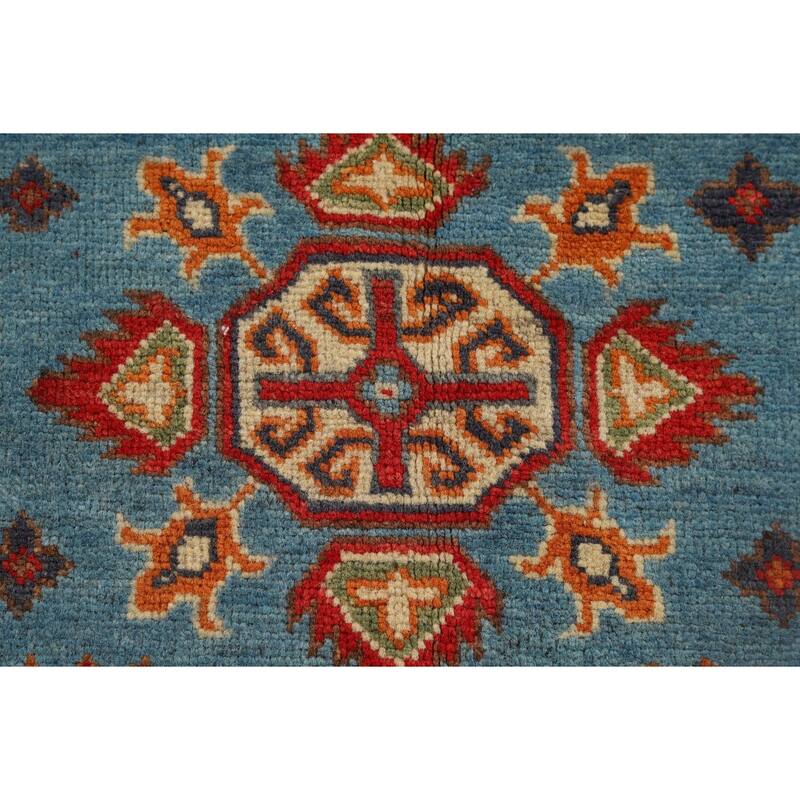 Light Blue Geometric Kazak Rug Hand-Knotted Oriental Wool Carpet - 2'8" x 3'11"
