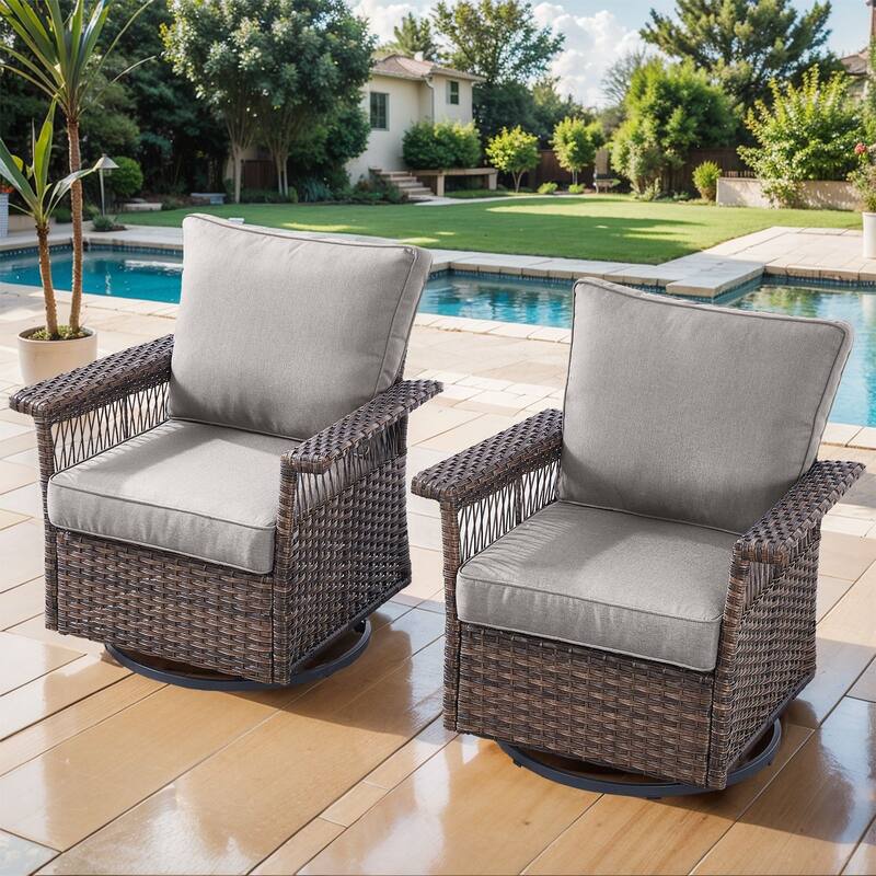Outdoor Glider Chair with Soft Cushion - Brwon Wicker Grey Cushion - 2PCS Glider Chairs