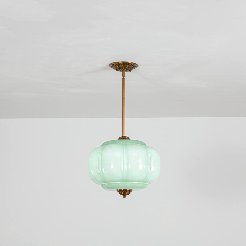 1-Light Retro Antique Brass Pumpkin Shaped Semi-Flush Mount Light/Pendant with Milk/Green Glass for Kitchen, Dining Room