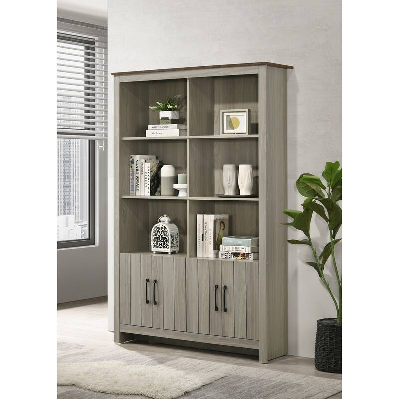 47"W Gray Oak Bookcase Shelf with Cabinet Doors for Living Rooms, Office or Bedroom - Oak