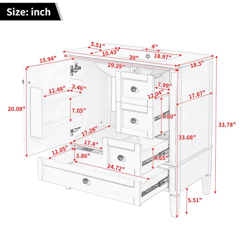 30 Inch Bathroom Vanity with Sink, Modern Freestanding Cabinet with 3 Drawers, Solid Wood Frame & Ceramic Top