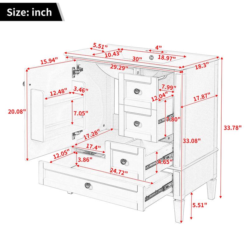 Roomfitters 30" Vanity with Ceramic Sink, Solid Wood Frame Bathroom Cabinet with 3 Drawers, Modern Storage Design