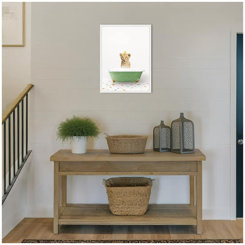Kate and Laurel Sylvie Lion Cub in Green Bathtub on Colored Tile Framed Canvas by Amy Peterson