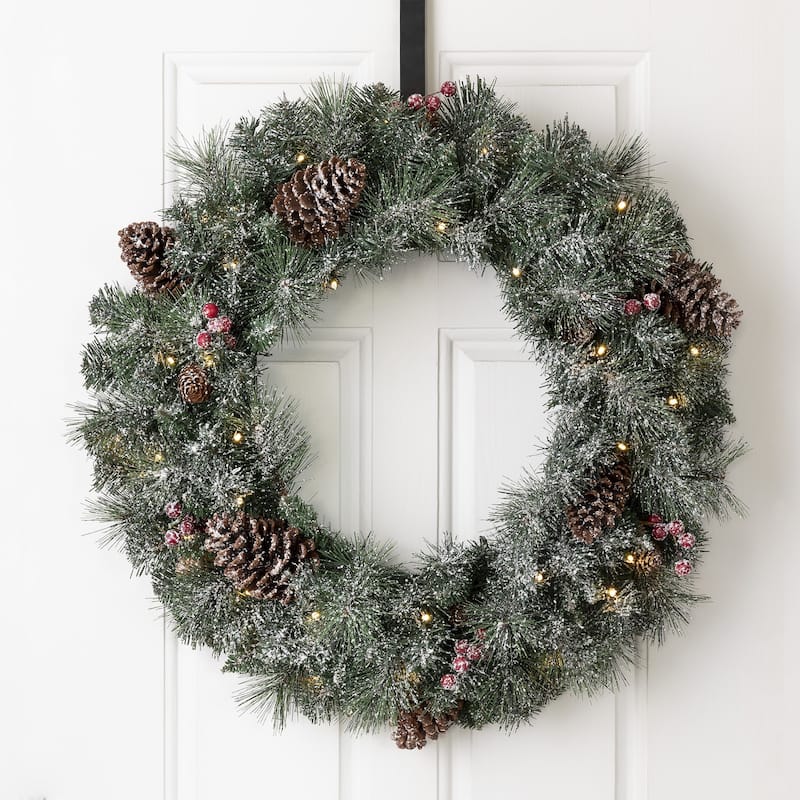 Glitzhome Glittered Pine Cone Christmas Wreath or Garland with LED Light and Timer
