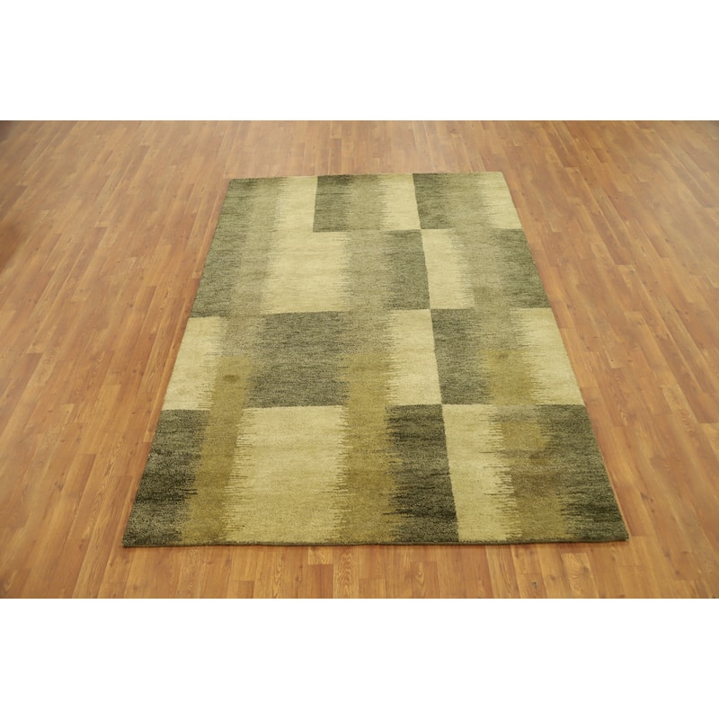 Hand Knotted Oriental 100% Wool Carpet Modern Geometric Green Gabbeh Area Rug - 7' 10'' X 5' 7''