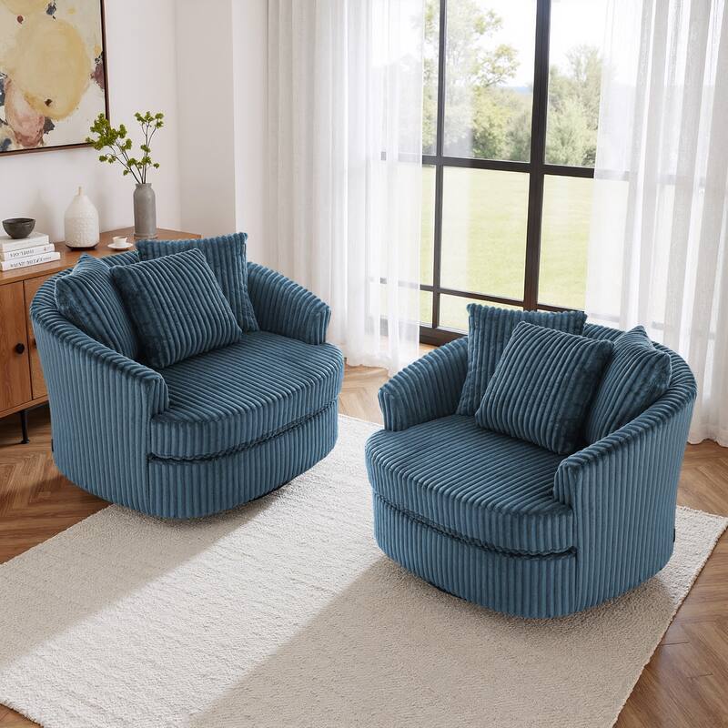 2 Set Oversized 43" W Plush Corduroy Swivel Barrel Chair with Pillows