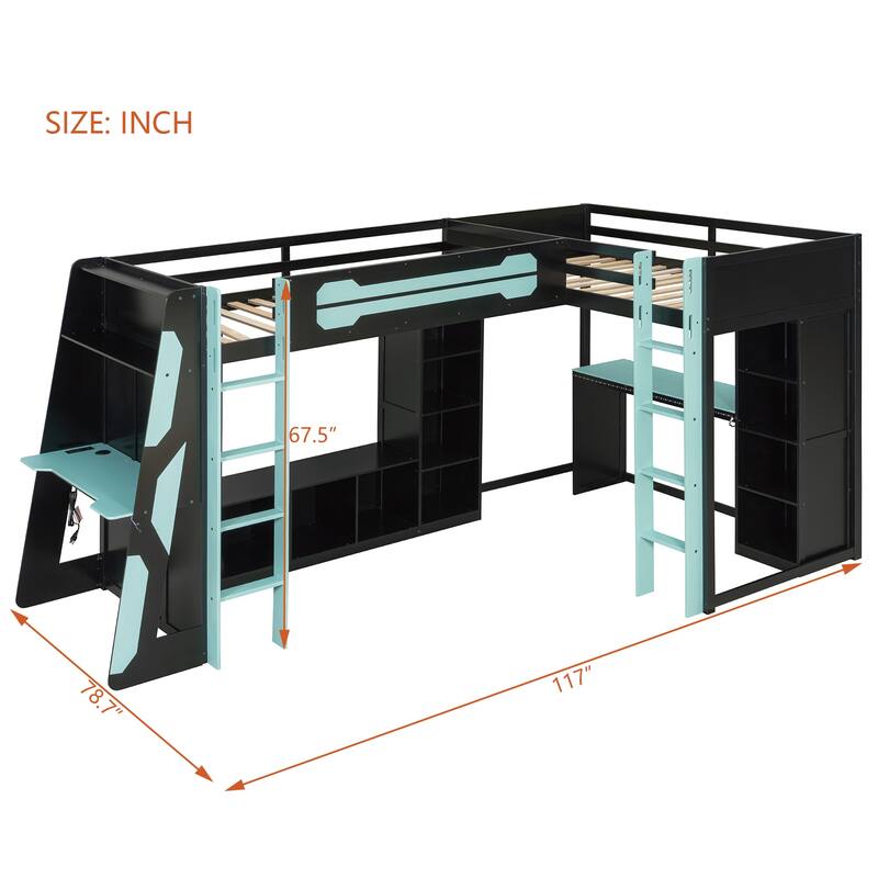 Roomfitters L-Shaped Twin Gaming Bunk Bed with RGB LED Lights, USB Ports and TV Stand