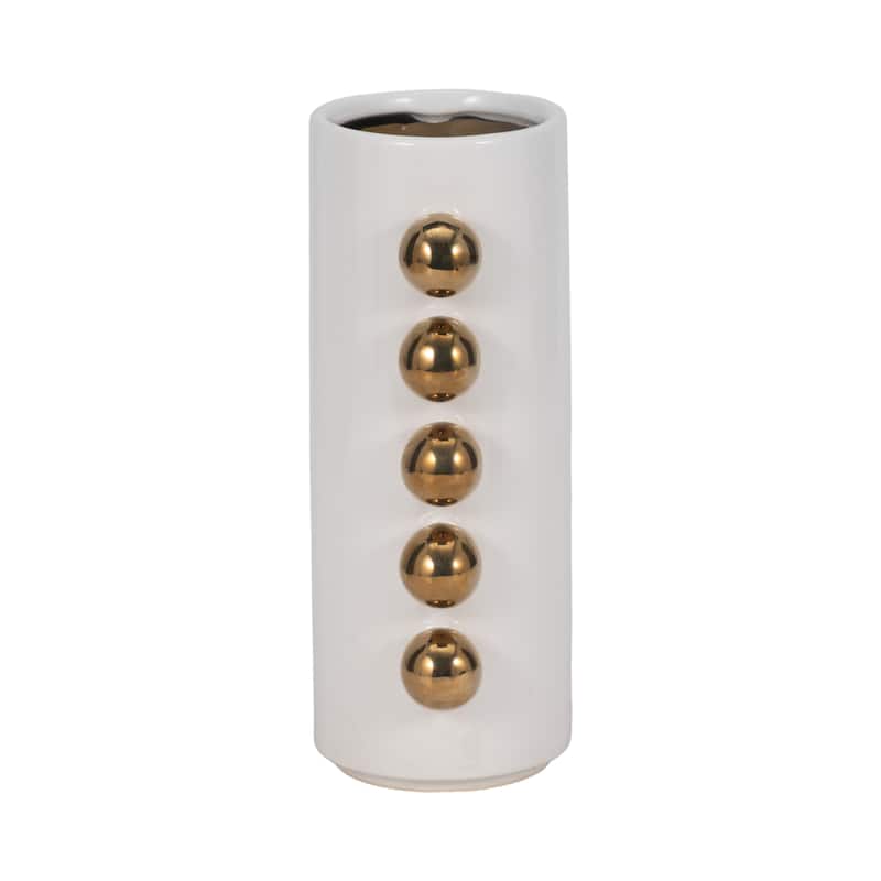 Sagebrook Home White/Gold Ceramic Cylinder Vase With Side Knobs