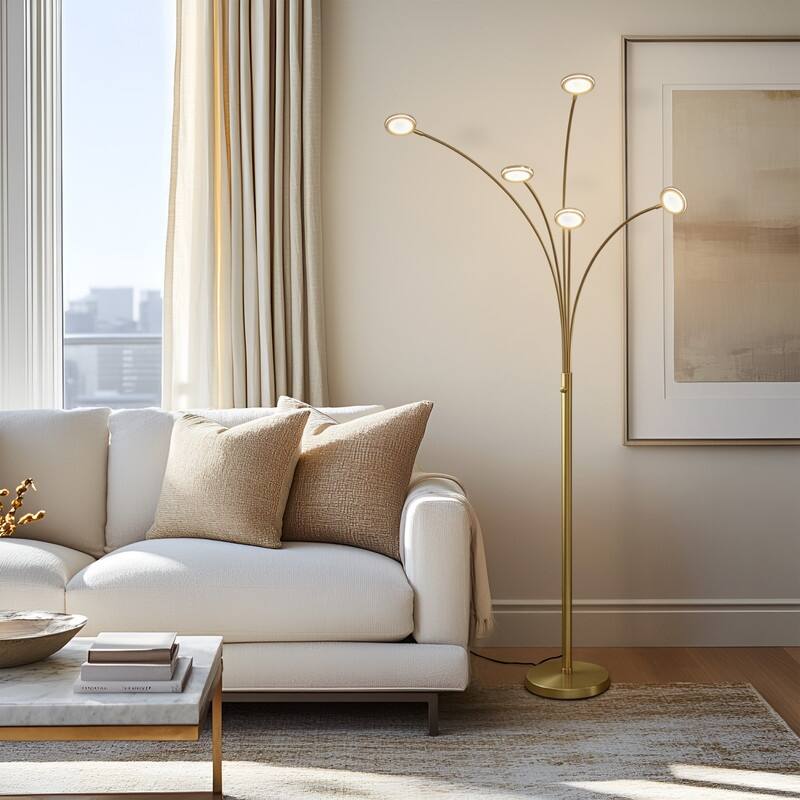 Brightech Orion 70 in. Antiqued Brass Contemporary Modern 5-Light LED Super Bright Floor Lamp with 5 Adjustable Swing Arm Heads