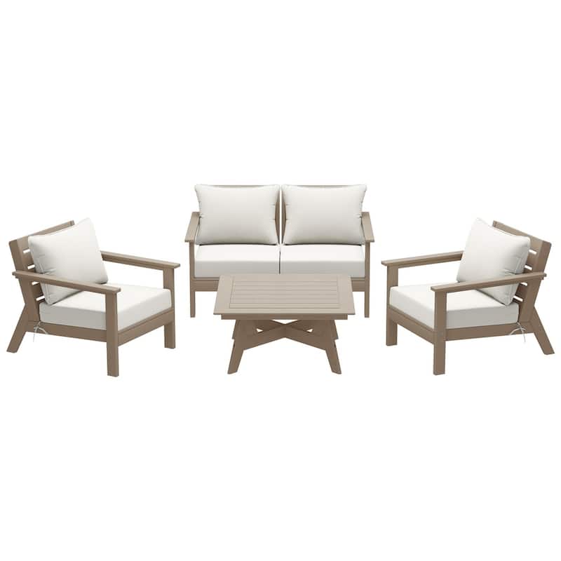 Birchwood All Weather HDPE Outdoor Patio Weathered Wood Deep Seating Conversation Set (5-Piece Set)