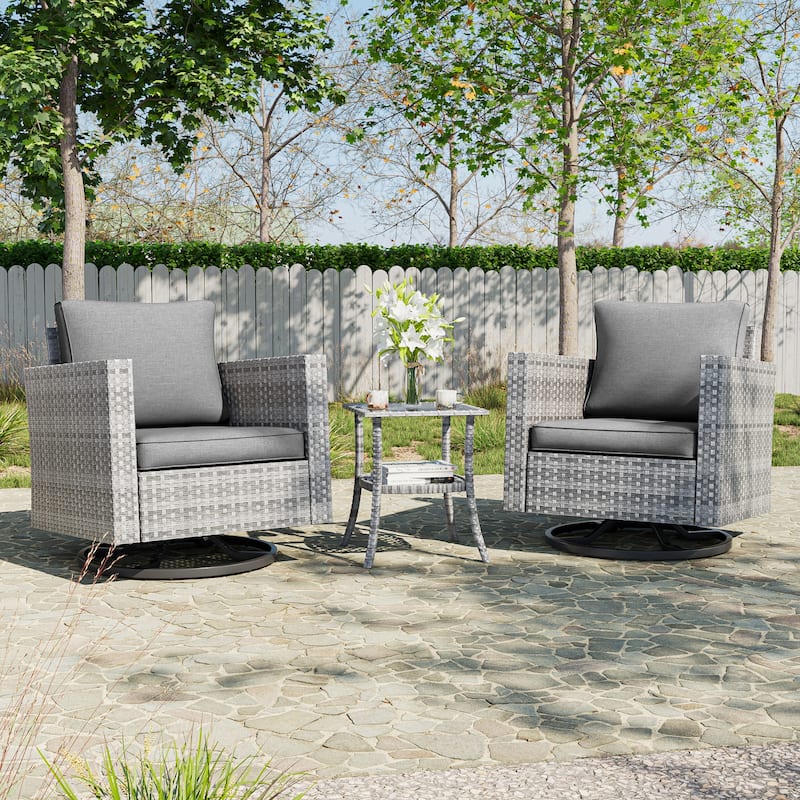 BONOSUKI 3Pcs Patio Swivel Rocking Sofa Set Brown Grey w/Glass Table - Grey