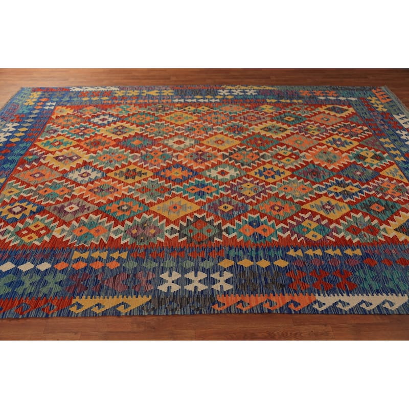 Geometric Kilim Oriental Area Rug Flatweave Tribal Wool Carpet - 8'2"x 11'0"