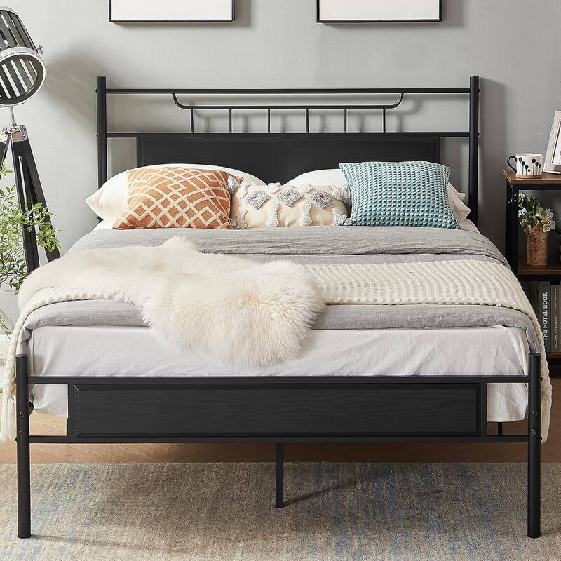 VECELO Industrial Bed Frame with Wood Headboard,Twin/Full/Queen Size Bed, Black/Brown/Slate-3 colors