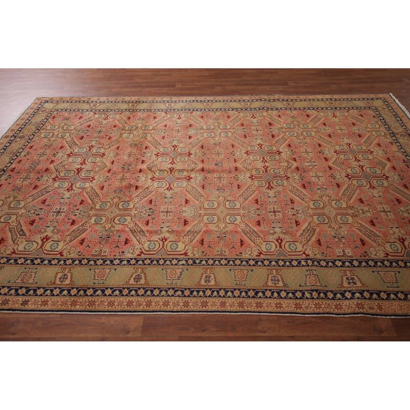 Pink Geometric Anatolian Turkish Vintage Area Rug Handmade Wool Carpet - 6'5" X 9'9"