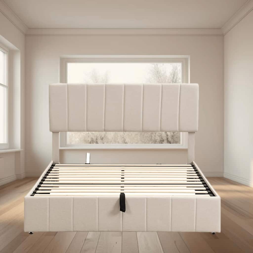 Queen Size Upholstered Platform Bed with Hydraulic Storage System, Elegant Design, Sturdy Construction and Extra Storage