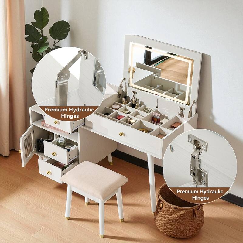 3-in-1 Vanity Desk with Lighted Flip-Top Mirror, Adjustable Side Cabinet, Makeup Table with Stool & Storage Drawers