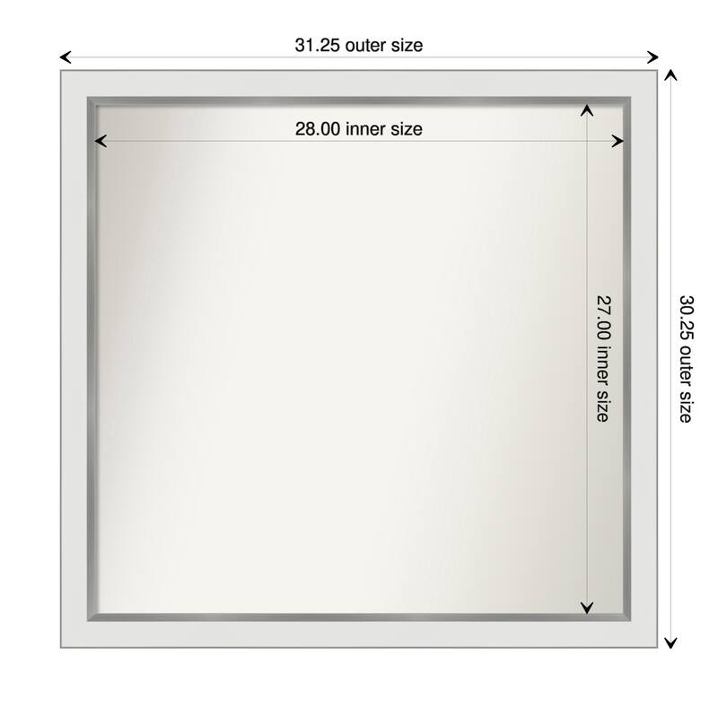Eva White Silver Narrow Framed Non-Beveled Custom Wall Mirror, Bathroom Vanity Mirror - Outer Size: 31.25 x 30.25