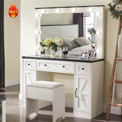 Farmhouse Vanity Desk with Mirror and Storage Space, Stool Included