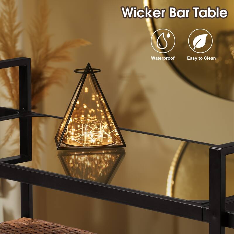 Outdoor Wicker Bar Cart Table with Storage and Wheels - 51.2" x 19.7" x 35.4"